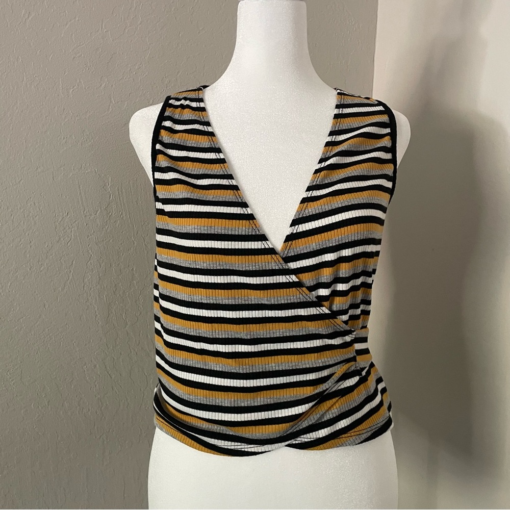 William B Ribbed Striped Wrap Tank Top V neck Women’s S Black, White, Yellow - Picture 3 of 6